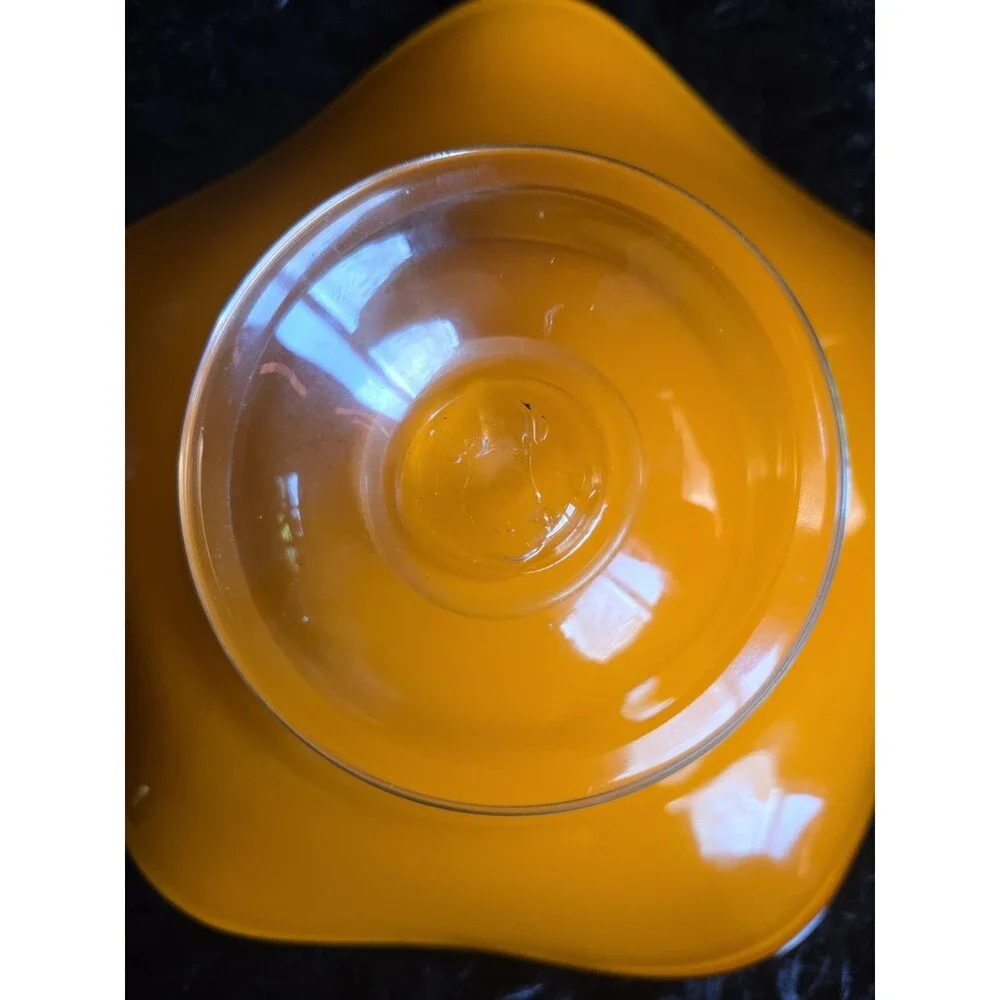Vtg Teleflora Gift Vibrant Orange Glass Bowl with Ruffled Rim on Clear Pedestal - Picture 9 of 9